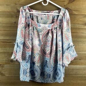 Zac & Rachel Womens Shirt 3/4 Sleeve Square Neck Paisley Boho Cottagecore 1X